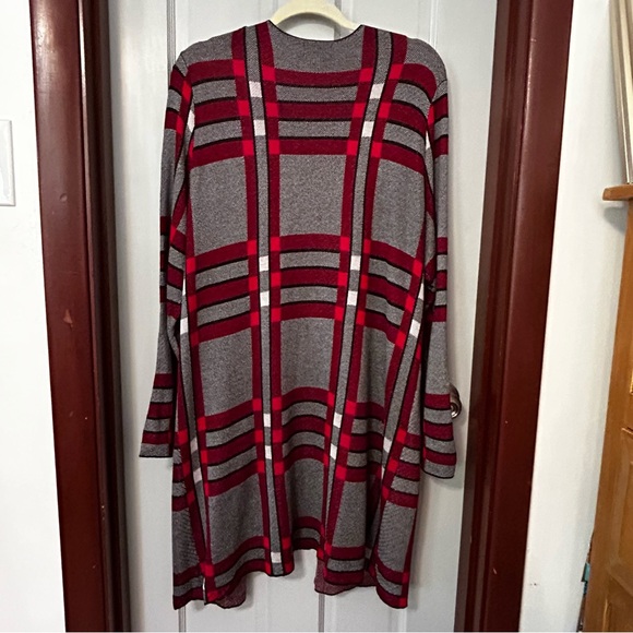 Joseph A. Longline Open Front Sweater Red Black Knit Windowpane Pockets Size 1X - Picture 5 of 13